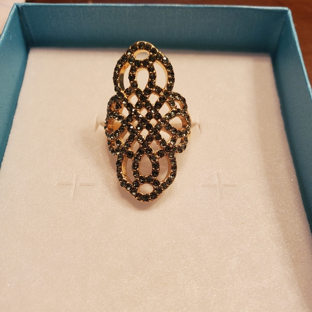 Stella & Dot Gold Tone Grey Crystal Adjustable Ring